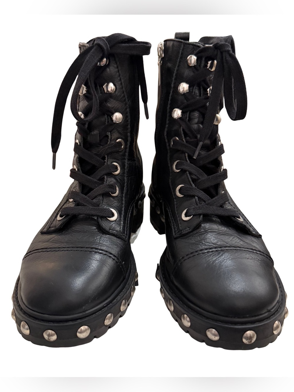 Schutz S-Andrea Black Leather Studded Combat Boots Waterproof Size 7.5